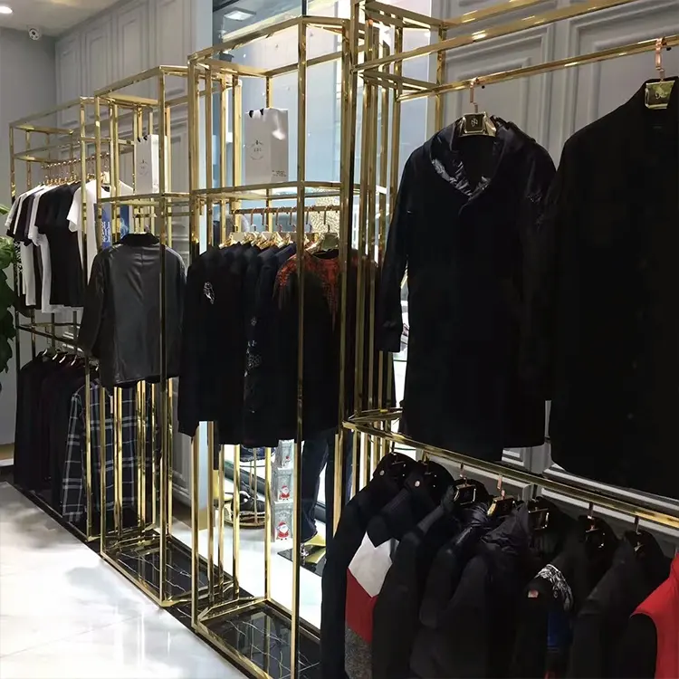 सोने स्टेनलेस स्टील लैंडिंग मध्यम द्वीप शेल्फ फैक्टरी थोक मूल्य प्रदर्शन कपड़े की दुकान के लिए खड़े हो जाओ ड्रेस प्रदर्शन रैक