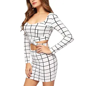 Cross Strap Detail Grid Crop Top & Bodycon Skirt Set