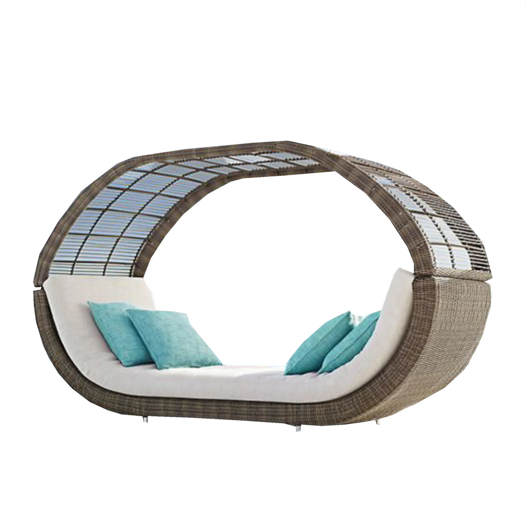 Ensemble de lit de terrasse avec cadre en aluminium enduit de poudre fait à la main, lit de détente avec coussins, mobilier de jardin extérieur de luxe en rotin et osier