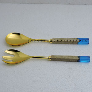 Pierre de marbre et acier inoxydable avec serveur de salade plaqué or Outils à main de salade faits à la main accessoires de cuisine - Product Image 6