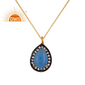 Collar de plata de ley chapada en oro de 18k, proveedor de joyería, diseño de pera, colgante de piedras preciosas de Calcedonia azul, venta al por mayor - Product Image 1