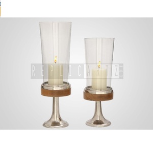 Elegant <b>Silver</b> Aluminum Wooden Candle Stand Set of 2 with Clear Glass and Tapered Candle Holder Decorative <b>Candlestick</b> Holder - Product Image 3