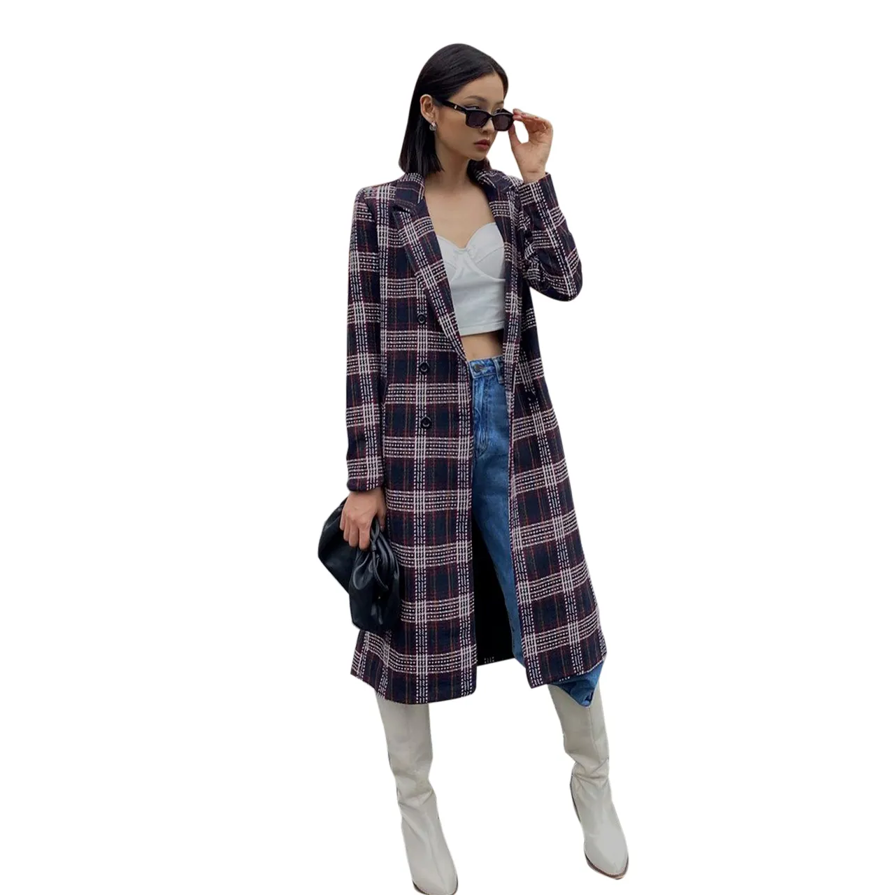 Nova chegada outono e inverno elegante manga comprida xadrez casacos camisa femininos vestido