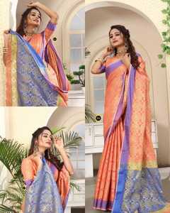 Sari jacquard banarasi de seda suave de color rojo y naranja con borde dorado Patti pieza de blusa atractiva de ropa del fabricante Surat - Product Image 5