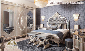 Conjunto de muebles de dormitorio tallados, Set de cama y dormitorio con acabado clásico de madera y plata, Ultra lujoso, Moderno - Product Image 5