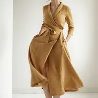 Neuankömmling modisch Trend neuesten goldenen Farbe reinen Leinen Crêpe V-Ausschnitt Langarm knielangen Frauen Leinen Kleid