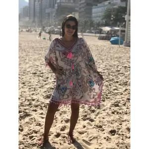 Hot Selling Short Kaftan Tops designs Printed Half Sleeves With All Around Lace On Sexy Short Kaftan Dress