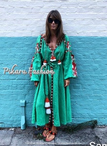Vestido de verano de fiesta de manga larga con cuello en V, bordado - Product Image 3