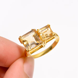 Anillo de Citrino Amarillo Natural con Doble Piedra, Plata de Ley 925 Chapada en Oro, Joyería de Piedras Preciosas Hecha a Mano para Mujer - Product Image 2