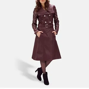 Mantel Trench Kulit Tiruan Panjang Wanita, Mantel Trench Mode Panjang Kulit Imitasi untuk Wanita