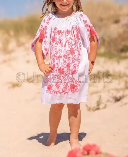 Perfecto para la playa chica verano vestido bordado a mano de hombro de manga larga de las niñas vestidos 8 años vestido de niños