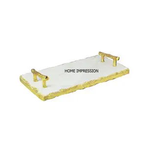 Shiny Gold Metal Rod Handles Slim Marble Luxury Tray Home Decoration & Serving Marble Tray