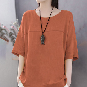 Women's Plus Size Fashion Solid Cotton Linen O-Neck Loose T-<b>Shirt</b> Casual Summer Ladies Top - Product Image 3