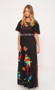 <b>Vintage</b> <b>70s</b> Maxi <b>Dress</b> Square Neck Side Slit Hand Embroidered Flora Butterfly Parrot Designs 100% Cotton Short Sleeve Summer - Product Image 2