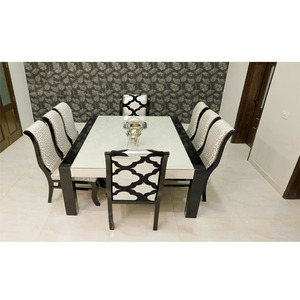 Mesa de comedor hecha a mano de madera, juego de mesa de comedor de 8 plazas con acabado de alto brillo, estilo indio, artesanía, color blanco y negro, gran oferta - Product Image 1