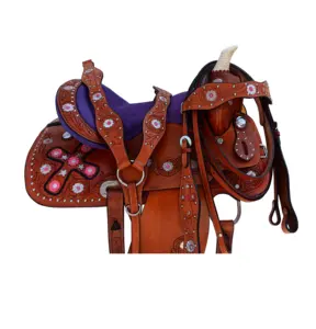 Pink & Purple Cross Western Barrel Leather Horse Saddle With Headstall , Reins , Breast-Collar In 10"-18" Sizes