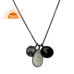 Collier pendentif multi-charmes en pierre précieuse onyx noir arc-en-ciel élégant, fabricant de bijoux plaqués rhodium, fournisseur de bijoux - Product Image 1