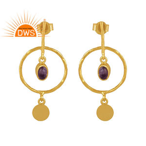 Boucles d'oreilles vintage en argent Sterling plaqué or 14k, fabrication de bijoux, pierre précieuse d'améthyste à coupe naturelle, 1 paire - Product Image 1