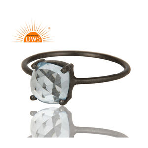 Anneaux en argent Sterling noir, rondes à empiler, pierre précieuse en topaze bleue naturelle, 1 pièce - Product Image 2