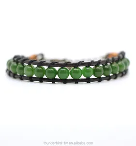 Bracelet en cuir avec pierres naturelles, fait main, pour femmes, enroulé, en jade vert, pierre de guérison, tendance printemps