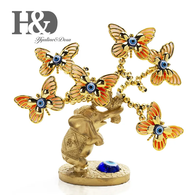 H & D — décoration chinoise Feng Shui, décoration, yeux mauvais yeux bleus, papillon or, Branches pliables, arbre de bonsaï sur la Base en éléphant