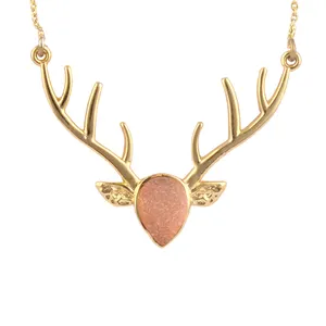 Bohemian fashion natural orange sugar druzy antler necklace pendant classy link chain deer pendant statement necklace for mother