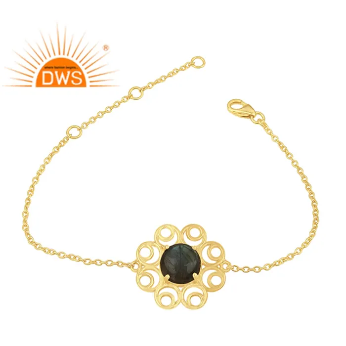 Flashy Labradorite Gemstone Bracelet Wholesale Flower Design 925 Silver 14k Gold Plated Chain Link Bracelet Jewelry