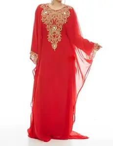 Georgette beaded kaftan partywear arabian dress real crystal embroidery work red color moroccan kaftan