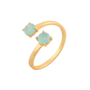 Best fashion classic design round aqua chalcedony double stone prong setting adjustable ring elegant open circle minimalist ring