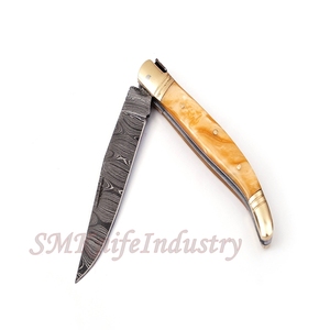 Couteau de poche pliant fait main de damas avec étui en cuir (smk1271), couteau multifonctionnel en acier, couteaux Sm de couleur bois - Product Image 3