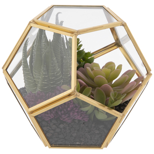 Terrario geométrico moderno de vidrio con marco dorado y suculentas, florero de mesa - Product Image 1
