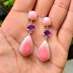Increíble de ópalo rosa y amatista de Plata de Ley 925 de piedras preciosas naturales de plata pendiente, joyería de la Declaración - Product Image 1