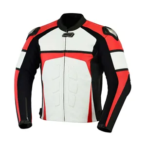 Özel dikiş kırmızı ve beyaz erkek deri motosiklet ceket