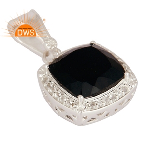 Solid 925 Sterling Silver Women's Pendant Jewelry Wholesaler Cushion Cut Black Onyx Gemstone Pendant White Topaz Wedding Jewelry - Product Image 2