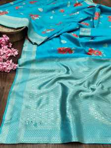 Ropa de fiesta de diseño tradicional indio, Saree de seda bordado con blusa de algodón, Red de gasa, kalamkari, Jacquard de seda con estampado de imitación - Product Image 4