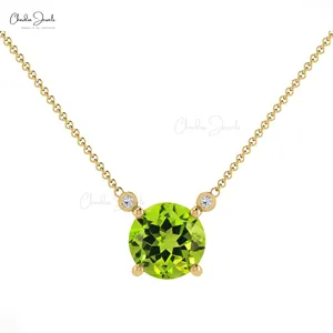 Collar de oro sólido de 14k con peridoto verde redondo, joyería de piedras preciosas