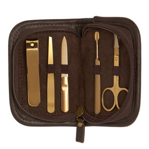 Ensemble de manucure et pédicure de luxe en acier inoxydable doré, 5 pièces, avec étui de voyage en cuir haut de gamme, très vendu - Product Image 1