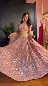 Lehengha choli-Espejo con bordado de color melocotón para mujer, espejo con Bordado plateado, estilo completo, Red de encaje de cuatro lados, dupatta - Product Image 2