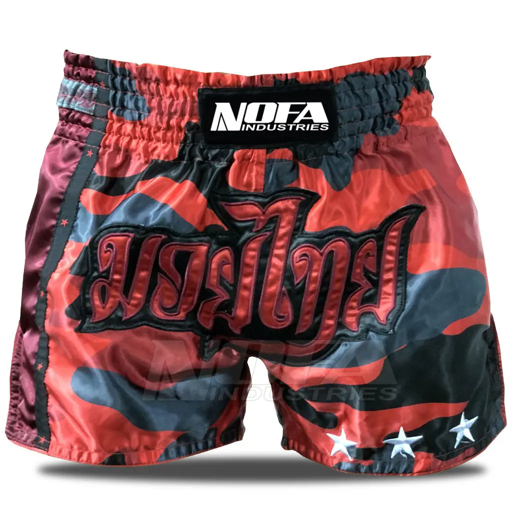 Hoge Stretch Martial Arts Muay Thai Custom Mma Korte Boksen Shorts Rood Camo Single Panel Sterren Muay Thai Shorts