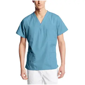 Men Nursing Work Uniform Solid Short Sleeve V-Neck Tops T-shirts With Pockets Casual Blouse OEM Doctor Workwear 2021 A50