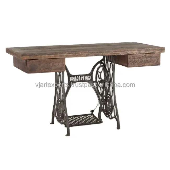 Producto de lujo clásico al por mayor, base de máquina basculante antigua de metal de hierro y mesa de consola superior de madera con 2 cajones