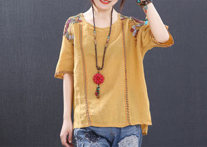 Nuevas llegadas, Túnica informal elegante para mujer, Top de manga corta, cuello redondo, patrones tejidos, tela teñida natural lisa de alta calidad - Product Image 3