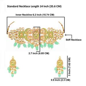 Ensemble de boucles d'oreilles collier ras du cou Kundan indien bijoux en émail couleur menthe plaqué or cristal mariages fêtes fabricant direct - Product Image 2