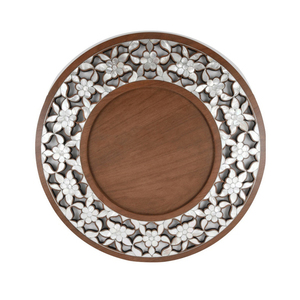 Plateau de service décoratif rond en bois artisanal avec incrustation florale en nacre, centre de table, décoration de table basse, plateau cadeau pour la maison - Product Image 1