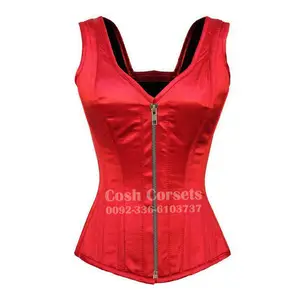 COSH紧身胸衣红色缎面钢骨紧身胸衣，带肩带，新款紧身系带，带金色拉链供应商