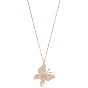 Trendy <b>Butterfly</b> Style Zirconia <b>Charm</b> Pendant Necklace Turkish 925 Sterling Silver Jewelry - Product Image 3