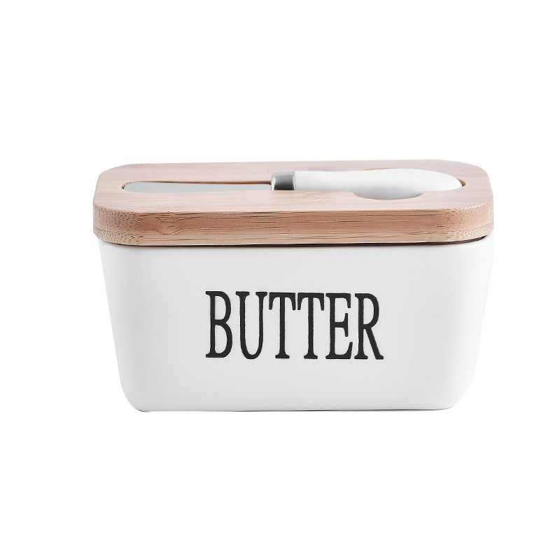 New product wholesale ceramic butter jar canister with butter knife woden lid for the kitchen storage