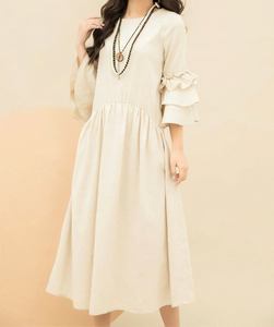 100% vestido de algodón de lino bordado Color sólido mangas sueltas con volantes mujeres verano moda Casual trajes de talla grande estilo Formal - Product Image 2