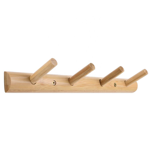 Modern Bamboo Wood Entryway Wall Mounted Hat and Coat Hanger Hooks Rack with 4 Pegs for Kitchen Bathroom Closet Room Storage