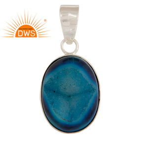 Chunky Oval Blue Druzy Gemstone Pendant Wholesale Fine Sterling 925 Silver Girls Fashion Pendant Jewelry - Product Image 1